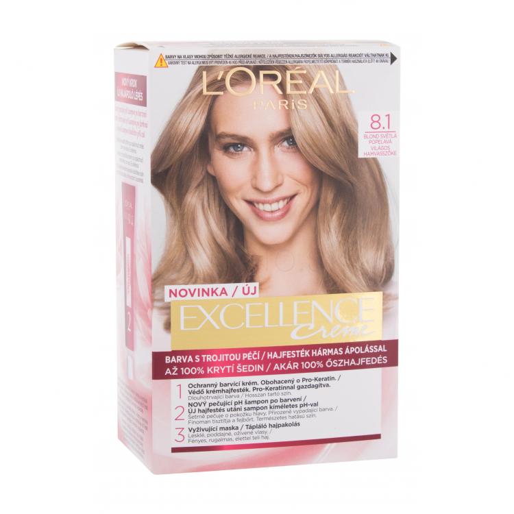 L&#039;Oréal Paris Excellence Creme Triple Protection Farba na vlasy pre ženy 48 ml Odtieň 8,1 Natural Ash Blonde poškodená krabička