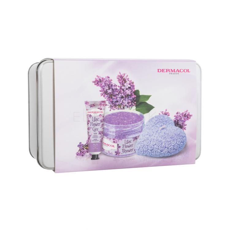 Dermacol Lilac Flower Shower Body Scrub Darčeková kazeta telový peeling Lilac Flower Shower 200 g + krém na ruky Lilac Flower Care 30 ml + dekoratívna vonná sviečka + plechová krabička