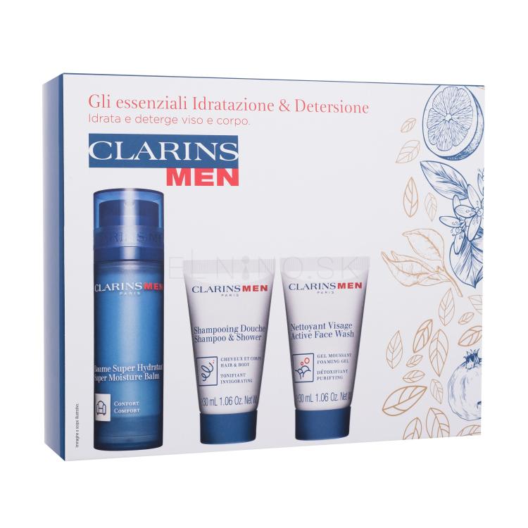 Clarins Men Hydration Essentials Darčeková kazeta pleťový balzam Men Super Moisture Balm 50 ml + šampón Men Shampoo &amp; Shower 30 ml + čistiaci gél Men Active Face Wash 30 ml