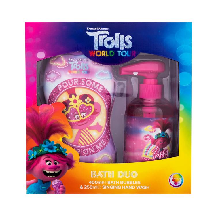 DreamWorks Trolls World Tour Bath Duo Darčeková kazeta pena do kúpeľa Pour Some Glitter On Me 400 ml + mydlo na ruky Singing Poppy 250 ml