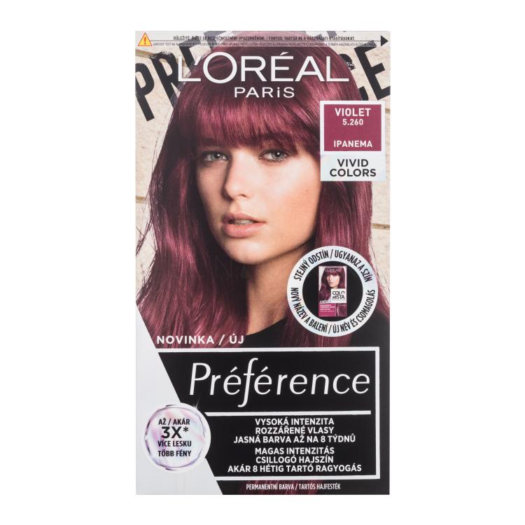 L&#039;Oréal Paris Préférence Vivid Colors Farba na vlasy pre ženy 60 ml Odtieň 5,260 Violet poškodená krabička