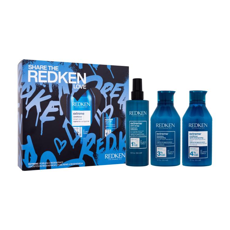 Redken Share The Redken Extreme Love Darčeková kazeta šampón Extreme Shampoo 300 ml + kondicionér Extreme Conditioner 300 ml + vlasová starostlivosť Extreme Anti-Snap Treatment 250 ml