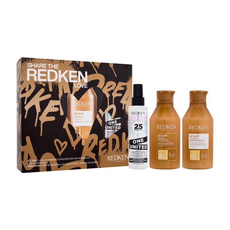 Redken Share The Redken All Soft Love Darčeková kazeta šampón All Soft Shampoo 300 ml + kondicionér All Soft Conditioner 300 ml + vlasová starostlivosť One United All-In-One Multi-Benefit Treatment 150 ml