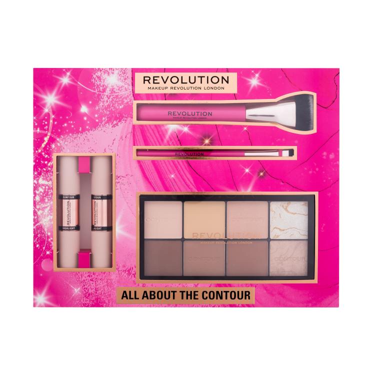 Makeup Revolution London All About The Contour Gift Set Darčeková kazeta kontúrovacia paletka Ultra Contour Palette 16 g + korektor Fast Base Contour Stick 1 ks Medium + korektor Fast Base Contour Stick 1 ks Dark + štetec Create Defining Contour Brush R10 1 ks + štetec Create Flat Blending Contour B