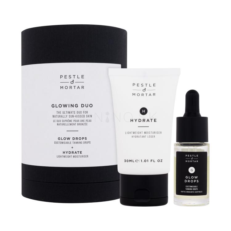 Pestle &amp; Mortar Glowing Duo Darčeková kazeta samoopaľovacie pleťové sérum Glow Drops 15 ml + hydratačný pleťový krém Hydrate Lightweight Moisturiser 30 ml