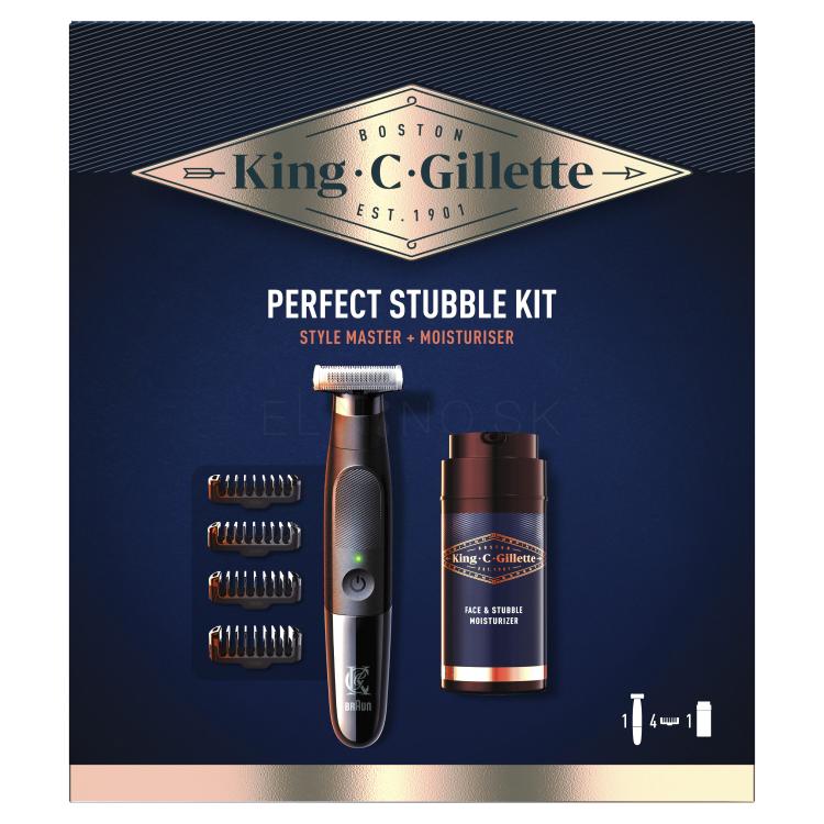 Gillette King C. Style Master Kit Darčeková kazeta zastrihávač fúzov Style Master 1 ks + výmenné hrebeňové nadstavce 4 ks + hydratačný krém King C Gillette 100 ml