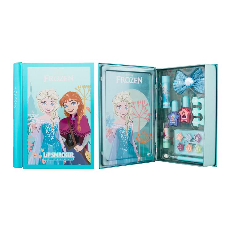 Lip Smacker Disney Frozen Magic Book Tin Darčeková kazeta balzam na pery 3,4 g + rozjasňujúci krém 6 x 0,25 g + lak na nechty 2 x 4,25 ml + rúž 1,25 g + aplikátor + sponka do vlasov + oddeľovač prstov + plechová škatuľka