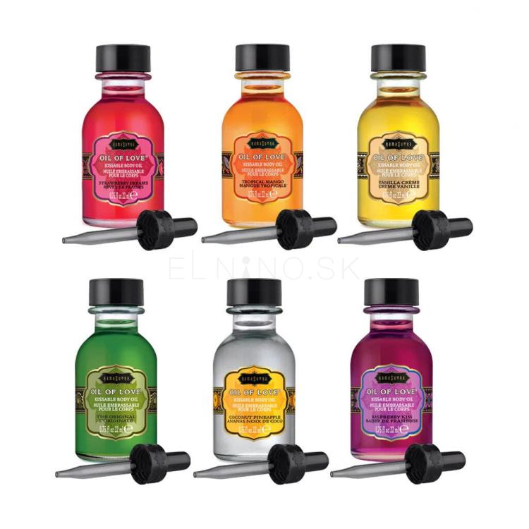 KamaSutra Oil of Love The Collection Set Darčeková kazeta The Original 22 ml + Raspberry Kiss 22 ml + Vanilla Creme 22 ml + Tropical Mango 22 ml + Strawberry Dreams 22 ml + Coconut Pineapple 22 ml