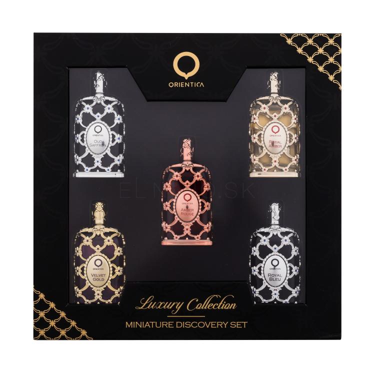 Orientica Luxury Collection Darčeková kazeta parfumovaná voda Royal Amber 7,5 ml + parfumovaná voda Royal Bleu 7,5 ml + parfumovaná voda Velvet Gold 7,5 ml + parfumovaná voda Oud Saffron 7,5 ml + parfumovaná voda Amber Rouge 7,5 ml