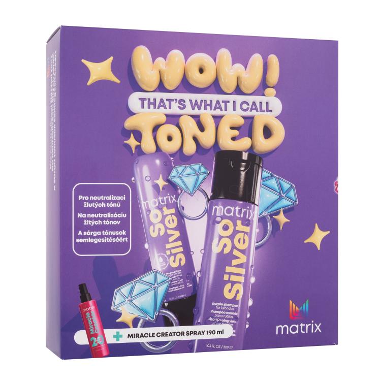 Matrix So Silver Darčeková kazeta šampón So Silver Purple Shampoo 300 ml + kondicionér So Silver Conditioner 300 ml + ošetrujúci sprej na vlasy Miracle Creator Multi-Tasking Treatment 190 ml