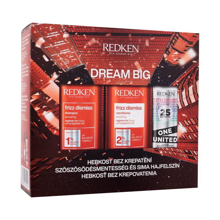 Redken Frizz Dismiss Dream Big Darčeková kazeta šampón Frizz Dismiss 300 ml + kondicionér Frizz Dismiss 300 ml + starostlivosť na vlasy One United All-In-One Multi-Benefit Treatment 150 ml