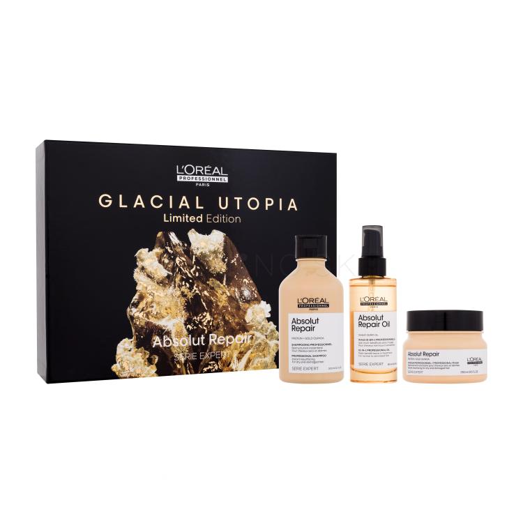 L&#039;Oréal Professionnel Absolut Repair Glacial Utopia Limited Edition Darčeková kazeta šampón Absolut Repair 300 ml + maska na vlasy Absolut Repair 250 ml + olej na vlasy Absolut Repair Oil 90 ml