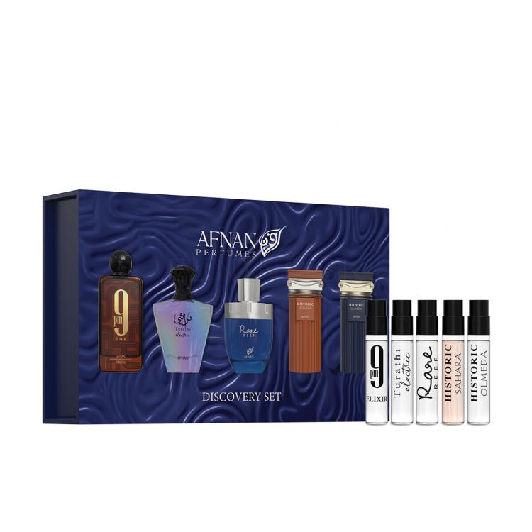 Afnan Discovery Set Darčeková kazeta parfum 9 pm Elixir 2 ml + parfumový extrakt Rare Reef 2 ml + parfumový extrakt Historic Sahara 2 ml + EDP Turathi Electric 2 ml + EDP Historic Olmeda 2 ml