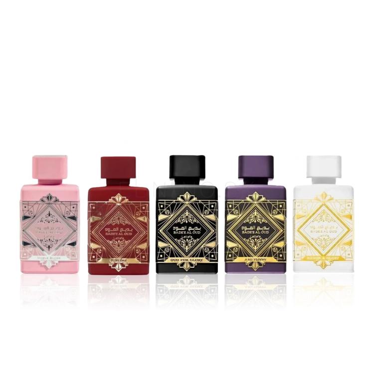 Lattafa Bade'e Al Oud Collection Darčeková kazeta EDP Bade'e Al Oud Oud For Glory 5 ml + EDP Bade'e Al Oud Amethyst 5 ml + EDP Bade'e Al Oud Honor &amp; Glory 5 ml + EDP Bade'e Al Oud Sublime 5 ml + EDP Bade'e Al Noble Blush 5 ml