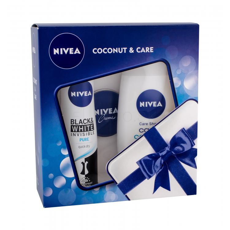 Nivea Care &amp; Coconut Darčeková kazeta sprchovací krém 250 ml + antiperspirant For Black &amp; White Pure 150 ml + pleťový krém 30 ml