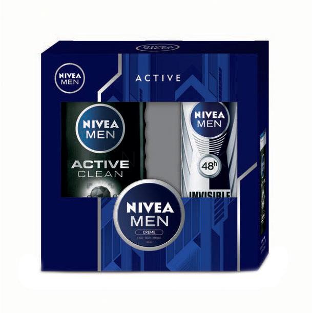 Nivea Men Active Clean Darčeková kazeta sprchovací gél 250 ml + antiperspirant Invisible For Black &amp; White 48h 150 ml + univerzálny krém 30 ml