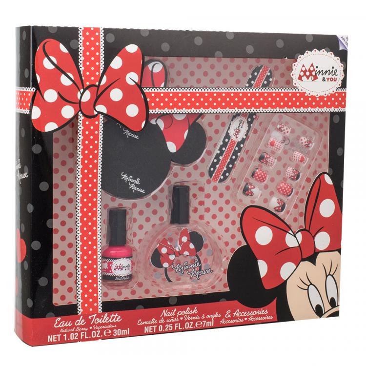 Disney Minnie Mouse Darčeková kazeta toaletná voda 30 ml + lak na nechty 7 ml + pilník na nechty + umelé nechty + oddeľovač prstov