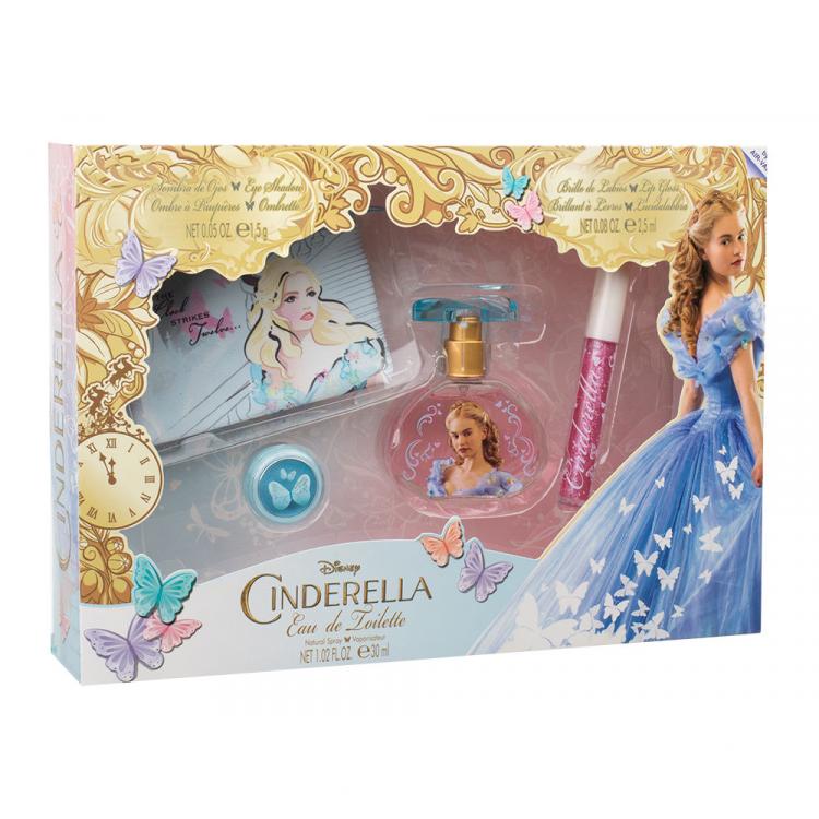 Disney Princess Cinderella Darčeková kazeta toaletná voda 30 ml + lesk na pery 2,5 ml + očné tiene 1,5 g + kozmetická taška