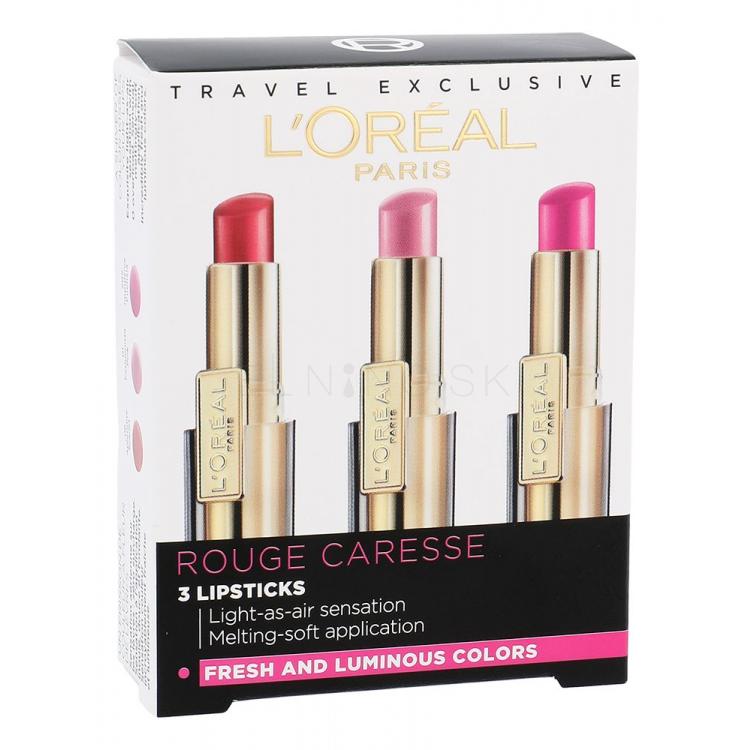 L&#039;Oréal Paris Shine Caresse Darčeková kazeta rúž 4 g + rúž 4 g 01 Fashionista Pink + rúž 4 g 202 Impulsive Fuchsia