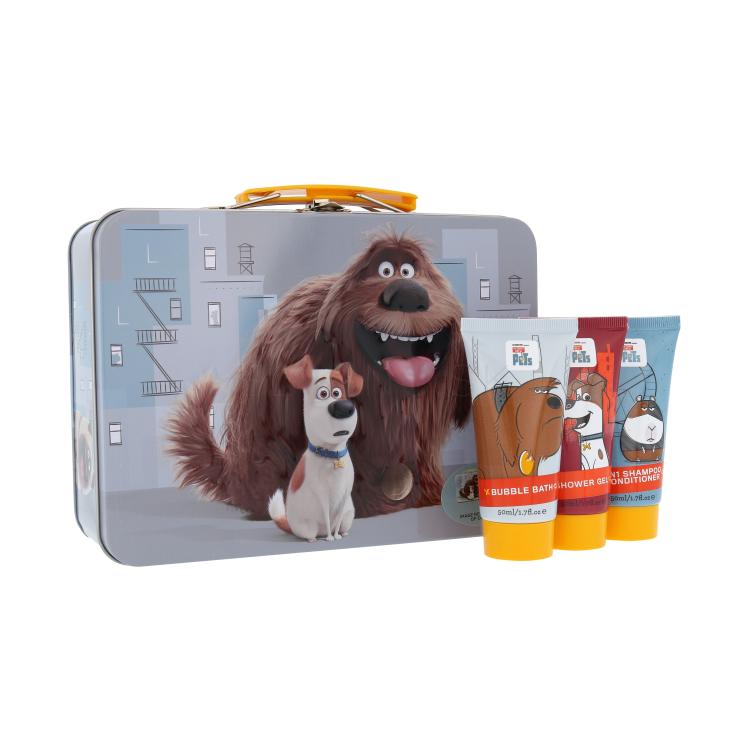 Universal The Secret Life Of Pets Darčeková kazeta sprchovací gél 50 ml +  šampón &amp; kondicionér 2v1 50 ml + 50 ml pena do kúpeľa + samolepky+ plechový kufrík